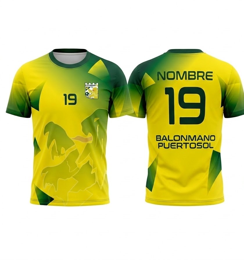 Camiseta de equipación amarilla, delante y espalda